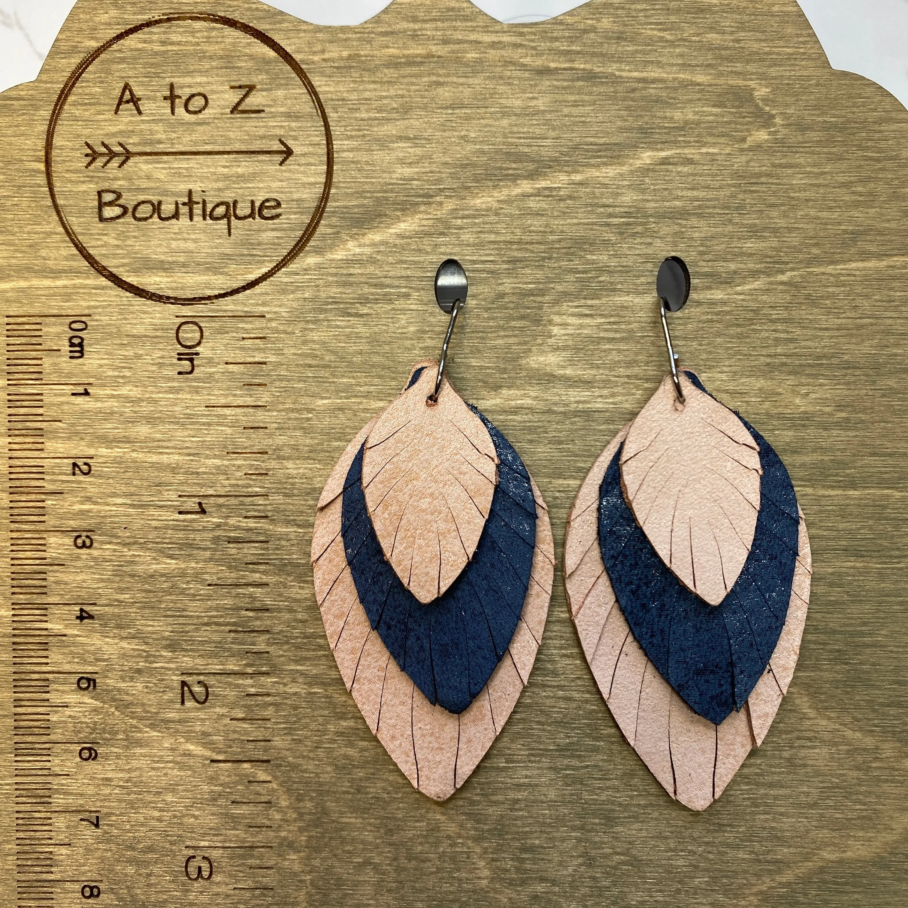 Navy and Peach Small Fat Feather Earrings