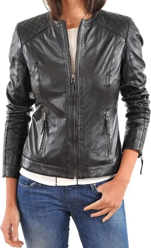 New Women's Lambskin Leather Jacket Stylish Slim Fit Motorcycle Jacket Black Jacket WJ145