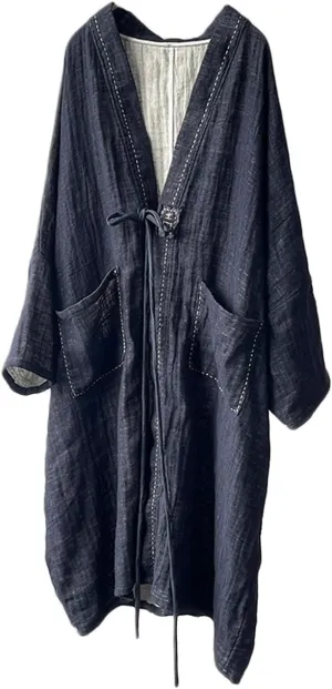 NFYM Women's Trench Coat Open Front Cardigan Jacket Retro Classy Woven Cotton Linen Patchwork Outwear