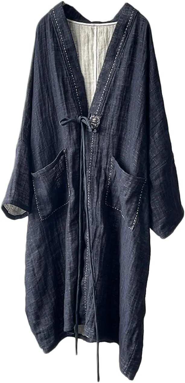 NFYM Women's Trench Coat Open Front Cardigan Jacket Retro Classy Woven Cotton Linen Patchwork Outwear