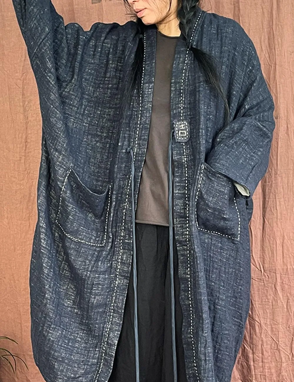 NFYM Women's Trench Coat Open Front Cardigan Jacket Retro Classy Woven Cotton Linen Patchwork Outwear