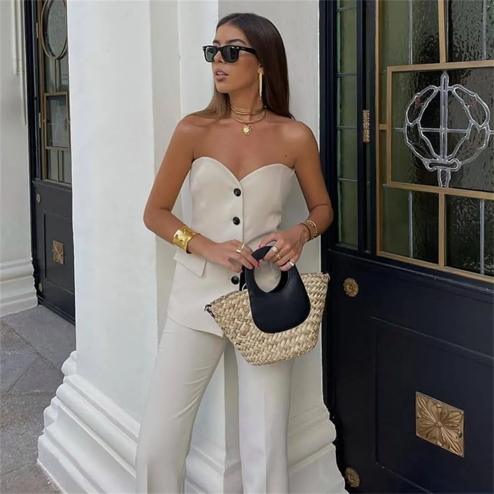 Notched Neck Tube Tops Blazer Sleeveless Button Fitted Strapless Work Blazer Vest,Bandeau Vest Top