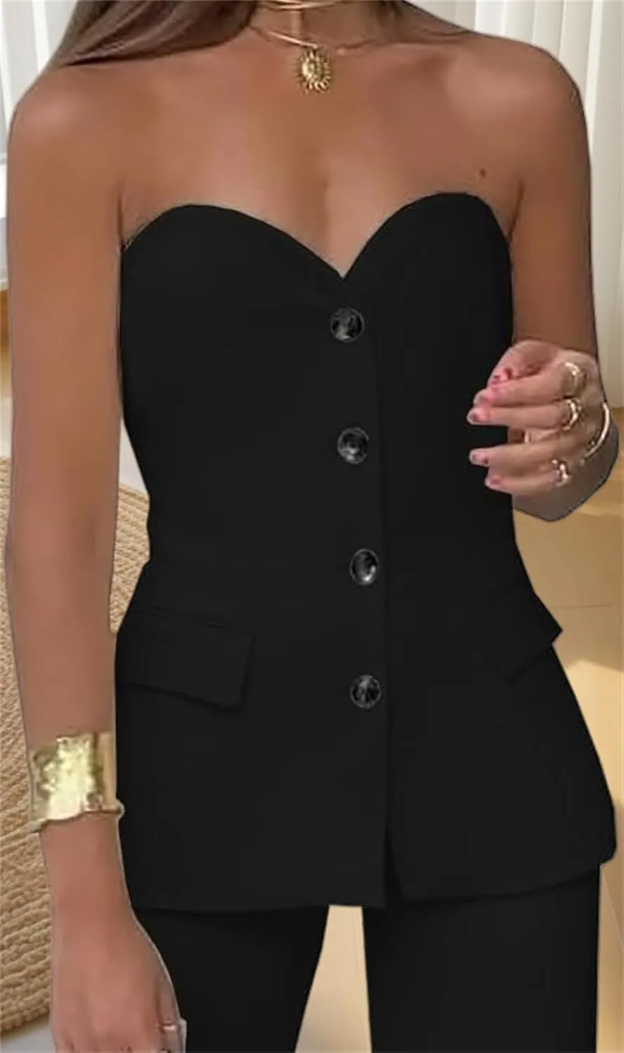 Notched Neck Tube Tops Blazer Sleeveless Button Fitted Strapless Work Blazer Vest,Bandeau Vest Top