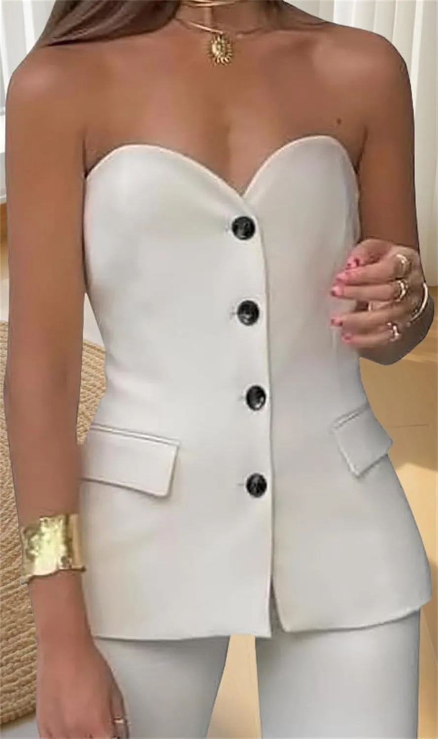 Notched Neck Tube Tops Blazer Sleeveless Button Fitted Strapless Work Blazer Vest,Bandeau Vest Top
