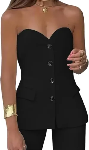 Notched Neck Tube Tops Blazer Sleeveless Button Fitted Strapless Work Blazer Vest,Bandeau Vest Top