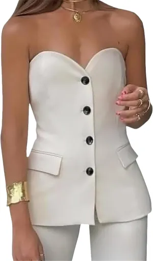 Notched Neck Tube Tops Blazer Sleeveless Button Fitted Strapless Work Blazer Vest,Bandeau Vest Top