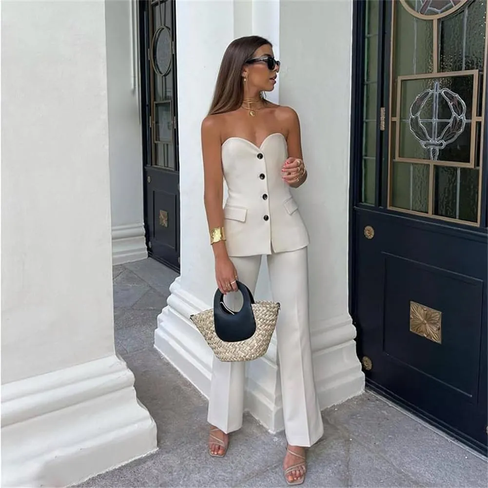 Notched Neck Tube Tops Blazer Sleeveless Button Fitted Strapless Work Blazer Vest,Bandeau Vest Top