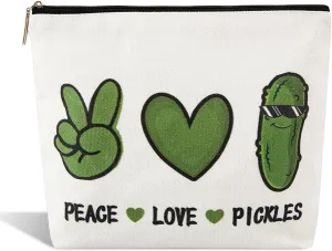 NUMJAW Pickle Gifts for Pickle Lovers,Peace Love Pickles Small Makeup Bag Pickle Lover Makeup Travel Toiletry Bags Funny Friendship Gifts for Women Pickle Lovers