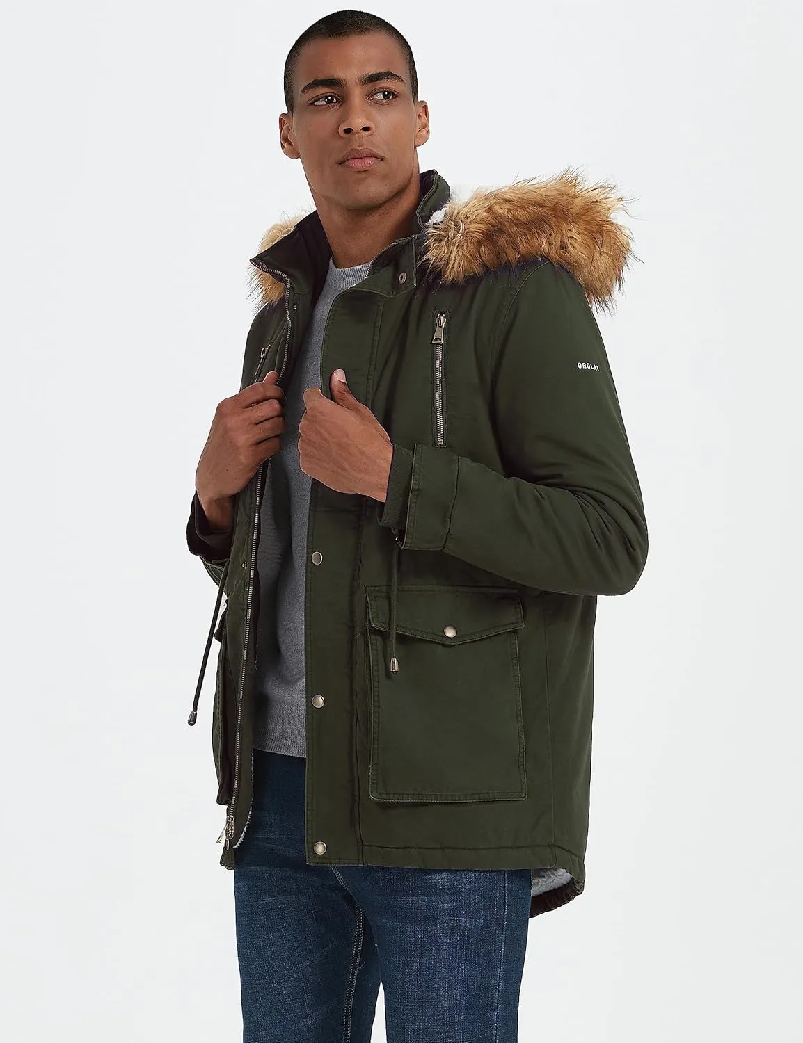 Orolay Men's Winter Parka Jacket Warm Faux Fur Coat with Removable Hood