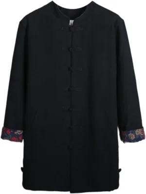 OTFTHPCW Chinese-style Winter Men's Thickened Tang Suit Coat, Linen Medium-length Chinese-style Cotton-padded Clothes
