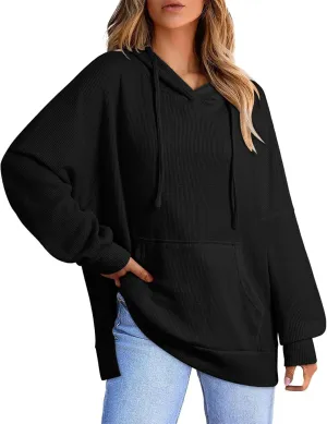 Oversized Hoodies for Women Waffle Hem Slit Drawstring Long Sleeve Sweatshirt Loose Lightweight Pullover with Pocket
