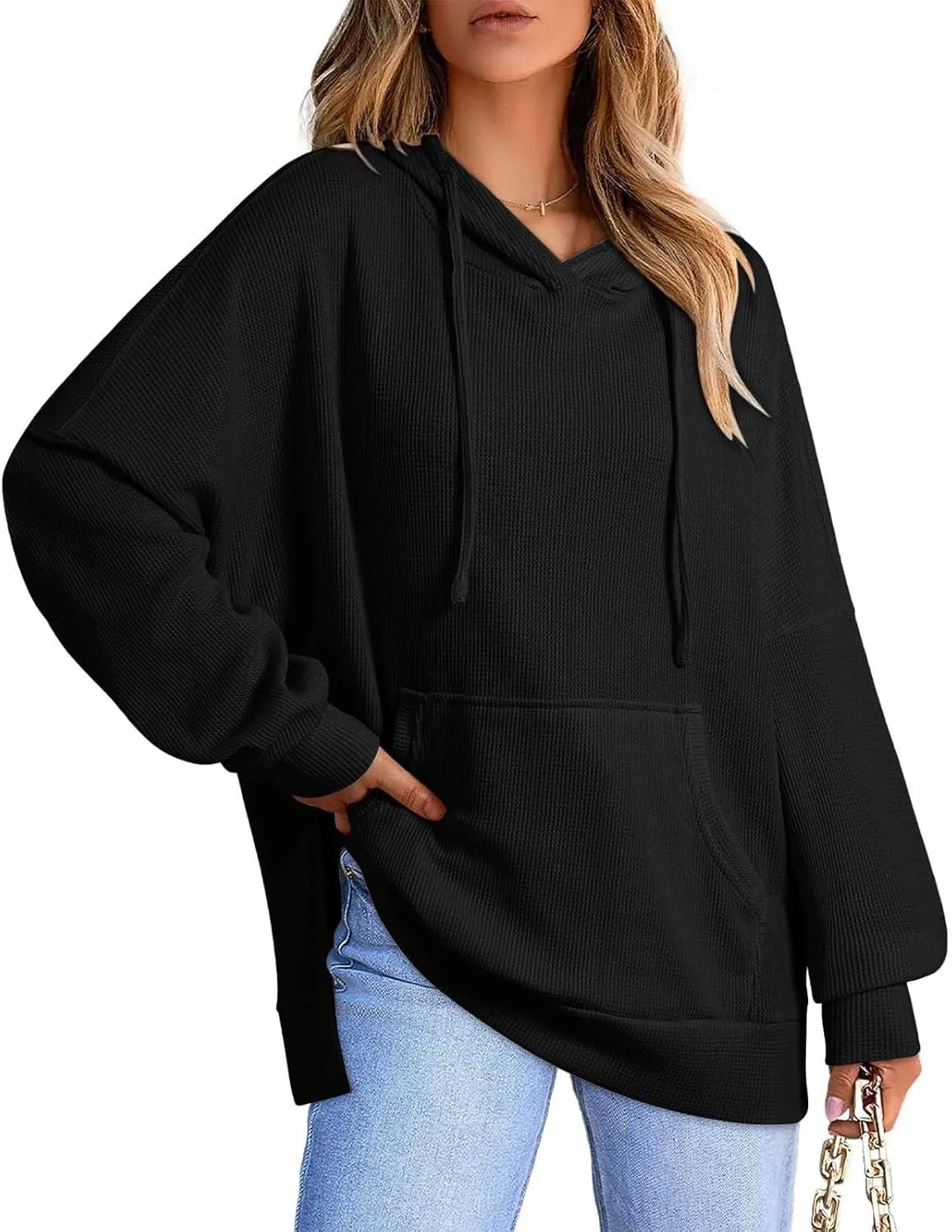 Oversized Hoodies for Women Waffle Hem Slit Drawstring Long Sleeve Sweatshirt Loose Lightweight Pullover with Pocket