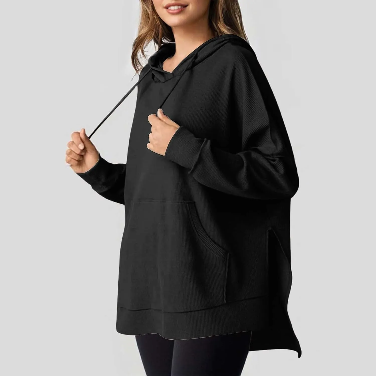 Oversized Hoodies for Women Waffle Hem Slit Drawstring Long Sleeve Sweatshirt Loose Lightweight Pullover with Pocket