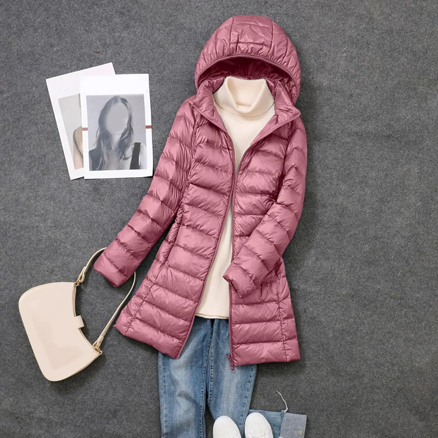 Packable Down Jacket Womens Lightweight Full Zip Jacket with Hood Quilted Winter Lightweight Windproof Ladies Coats