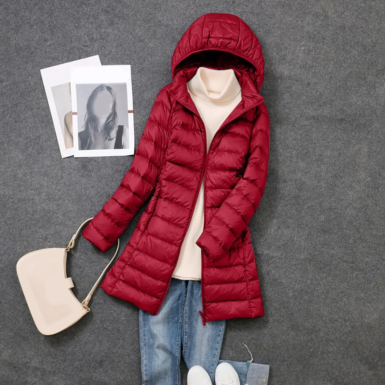 Packable Down Jacket Womens Lightweight Full Zip Jacket with Hood Quilted Winter Lightweight Windproof Ladies Coats