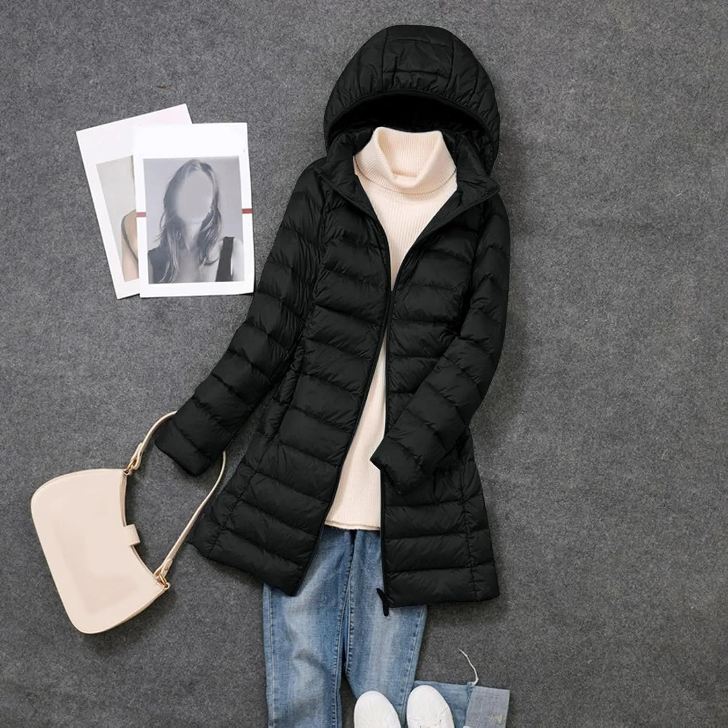 Packable Down Jacket Womens Lightweight Full Zip Jacket with Hood Quilted Winter Lightweight Windproof Ladies Coats