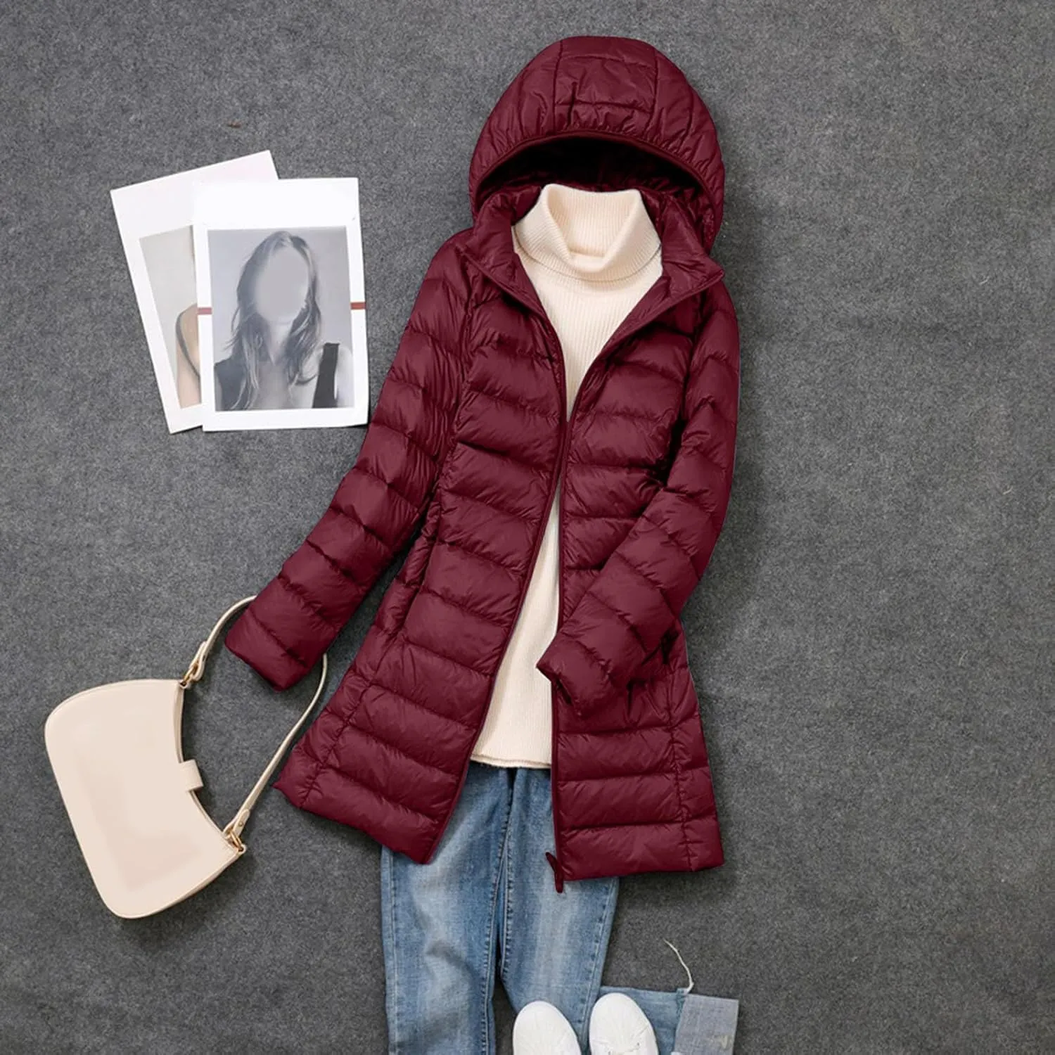 Packable Down Jacket Womens Lightweight Full Zip Jacket with Hood Quilted Winter Lightweight Windproof Ladies Coats