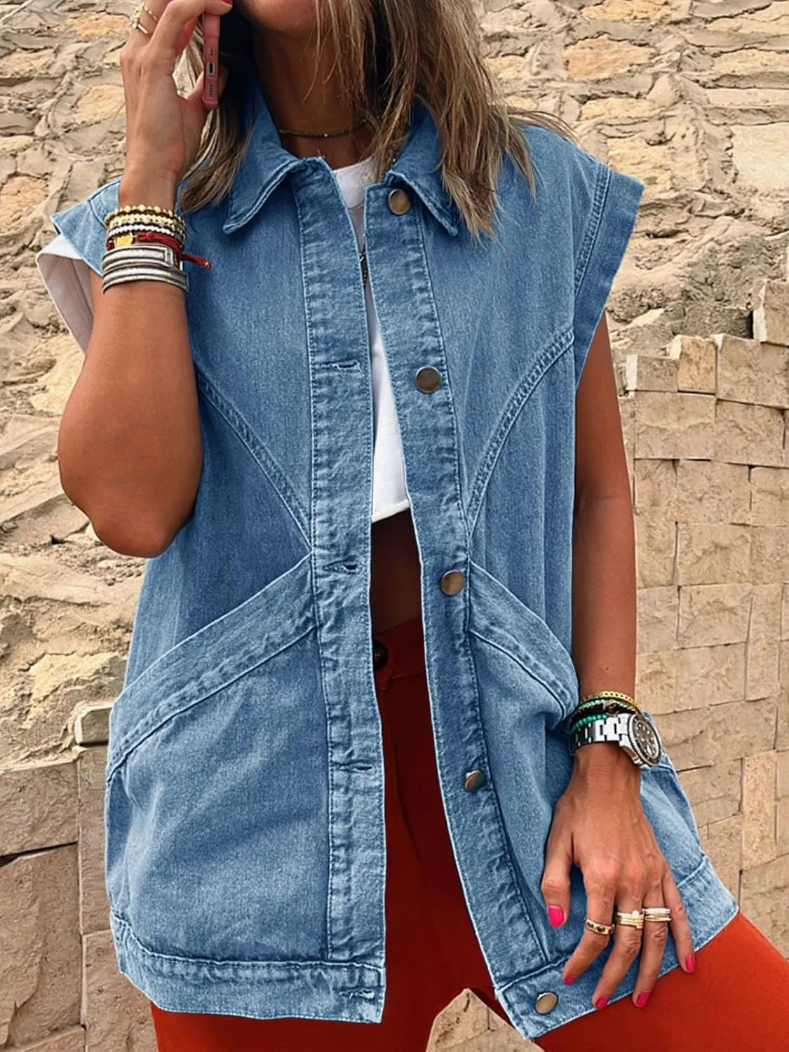 PLNOTME Womens Oversized Sleeveless Denim Vest Classic Button Down Jean Vest Casual Utility Lapel Jean Jacket