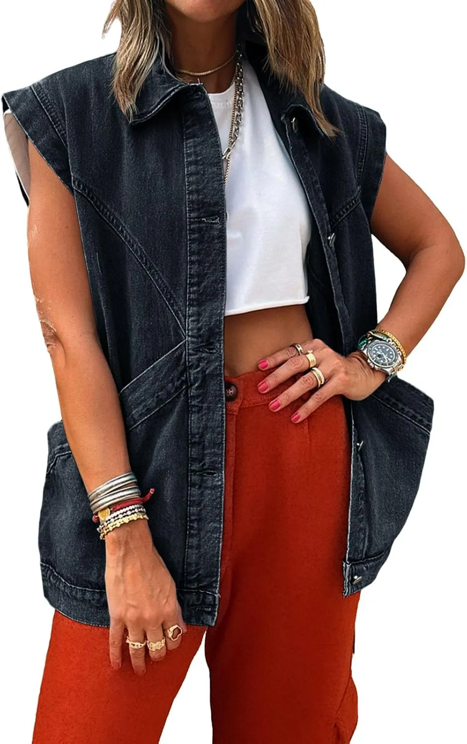 PLNOTME Womens Oversized Sleeveless Denim Vest Classic Button Down Jean Vest Casual Utility Lapel Jean Jacket