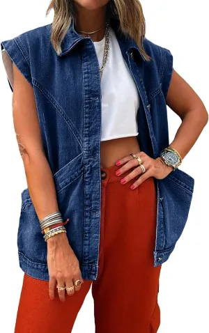 PLNOTME Womens Oversized Sleeveless Denim Vest Classic Button Down Jean Vest Casual Utility Lapel Jean Jacket