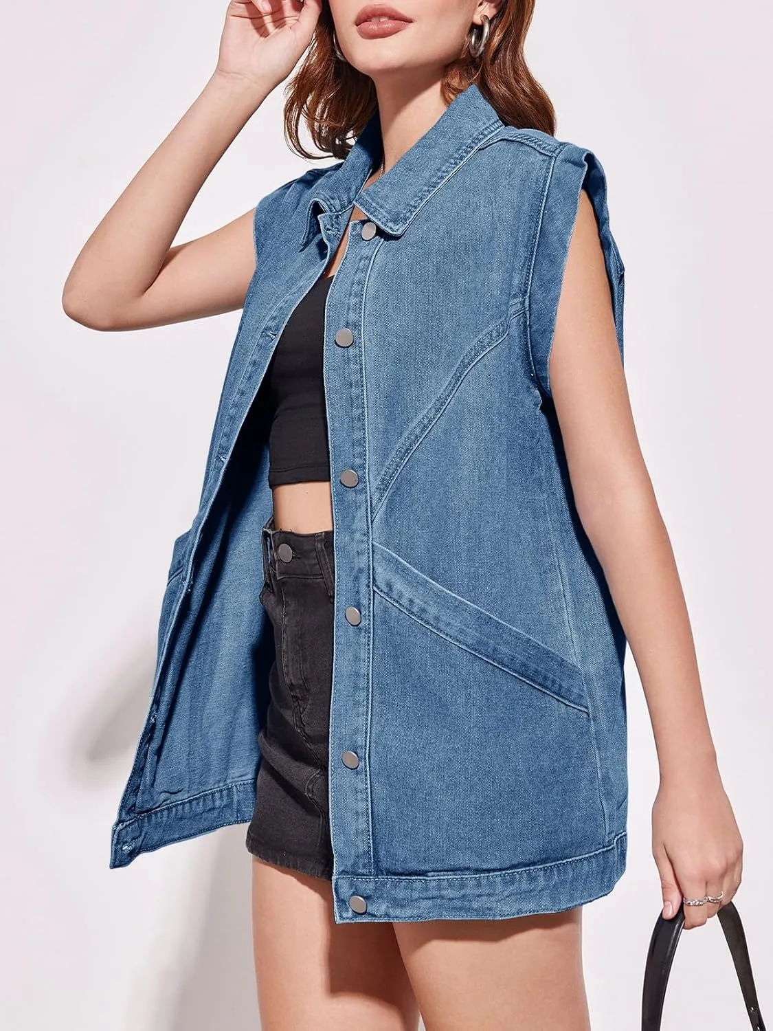 PLNOTME Womens Oversized Sleeveless Denim Vest Classic Button Down Jean Vest Casual Utility Lapel Jean Jacket