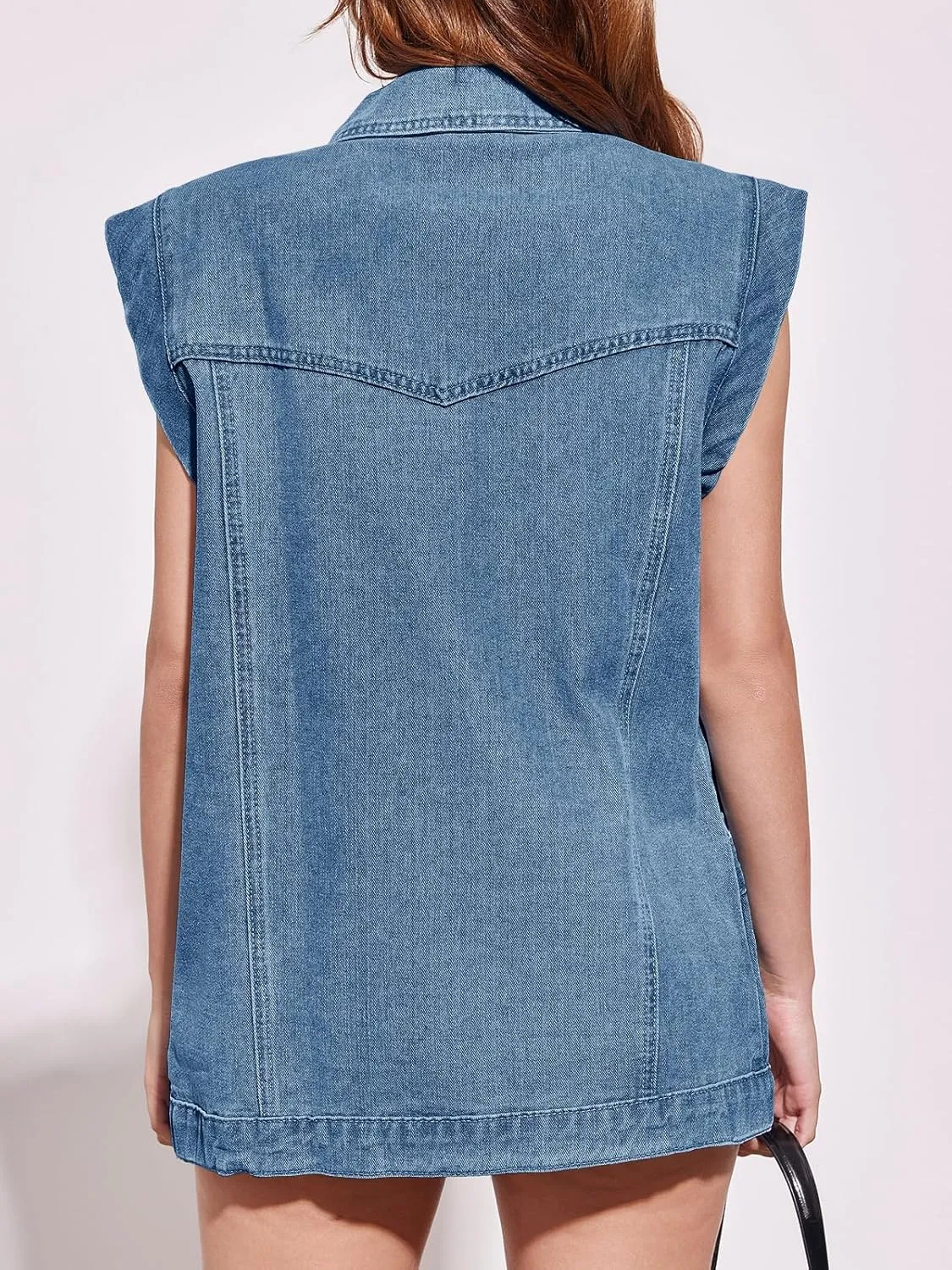PLNOTME Womens Oversized Sleeveless Denim Vest Classic Button Down Jean Vest Casual Utility Lapel Jean Jacket