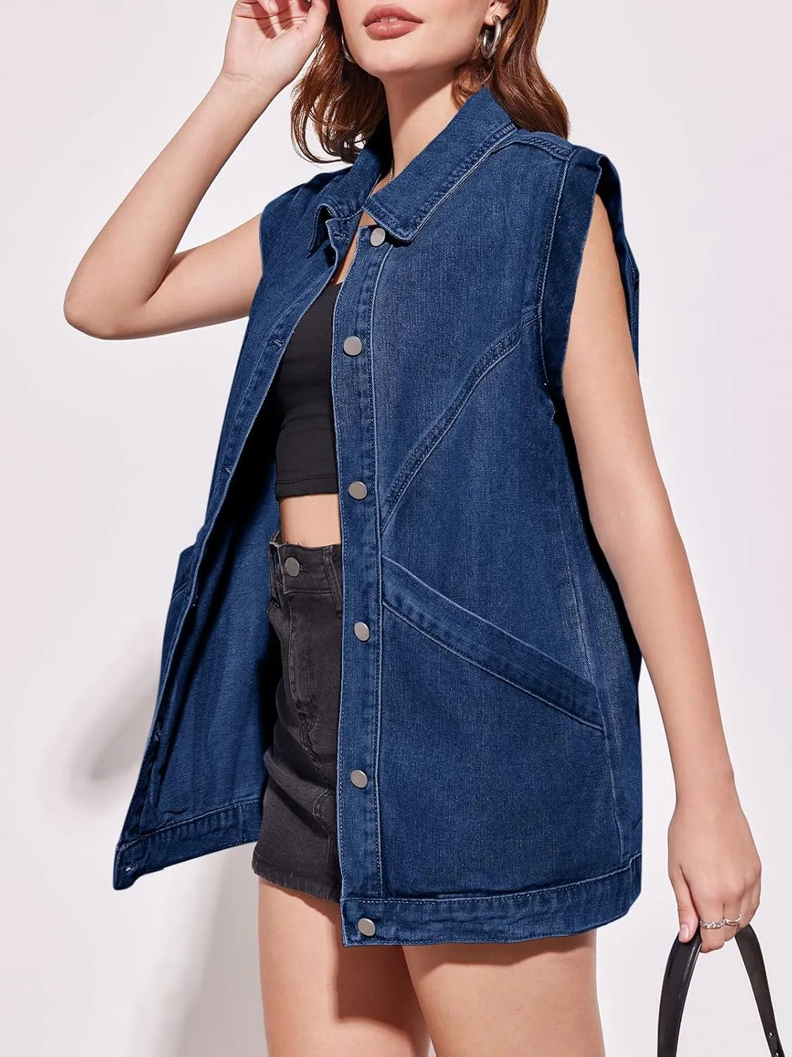 PLNOTME Womens Oversized Sleeveless Denim Vest Classic Button Down Jean Vest Casual Utility Lapel Jean Jacket