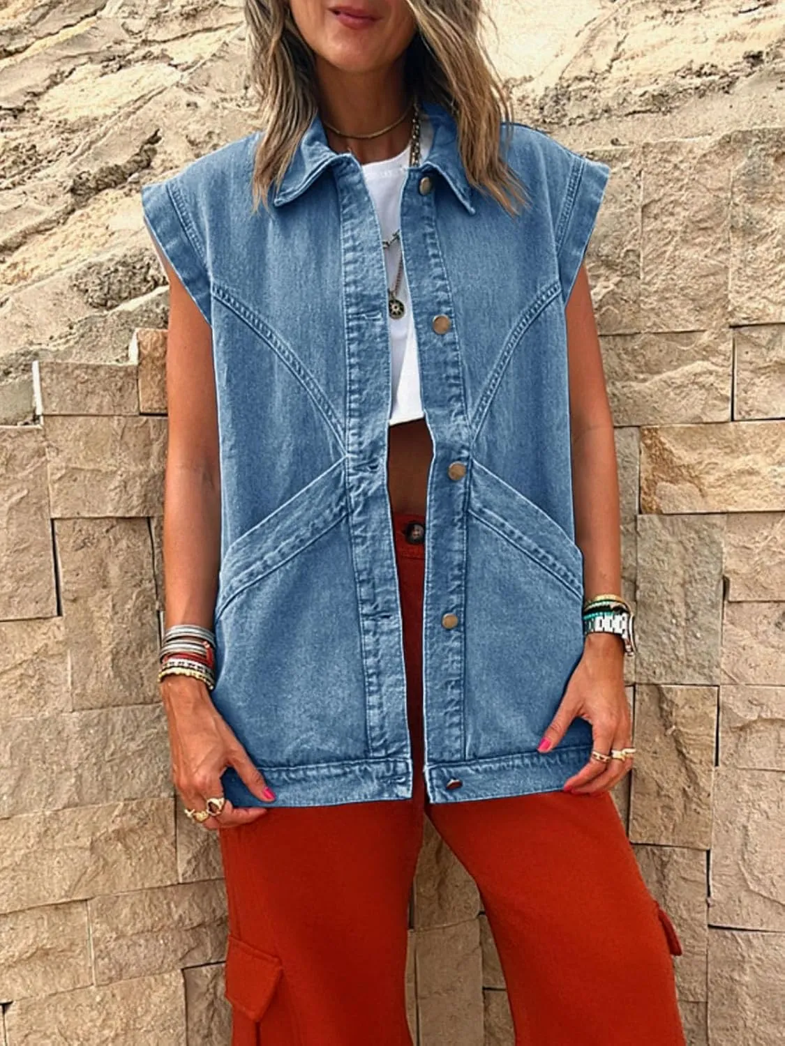 PLNOTME Womens Oversized Sleeveless Denim Vest Classic Button Down Jean Vest Casual Utility Lapel Jean Jacket