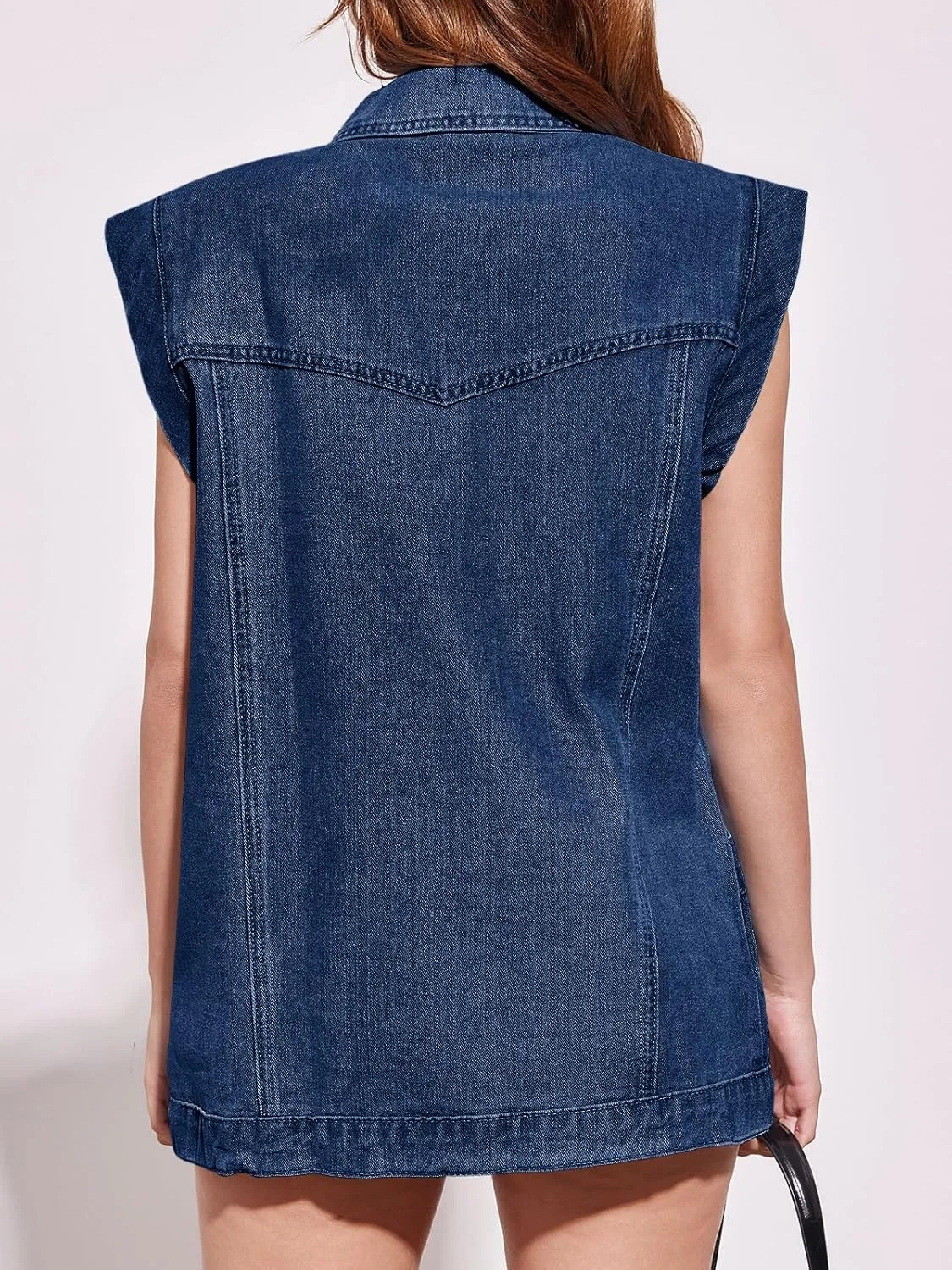 PLNOTME Womens Oversized Sleeveless Denim Vest Classic Button Down Jean Vest Casual Utility Lapel Jean Jacket