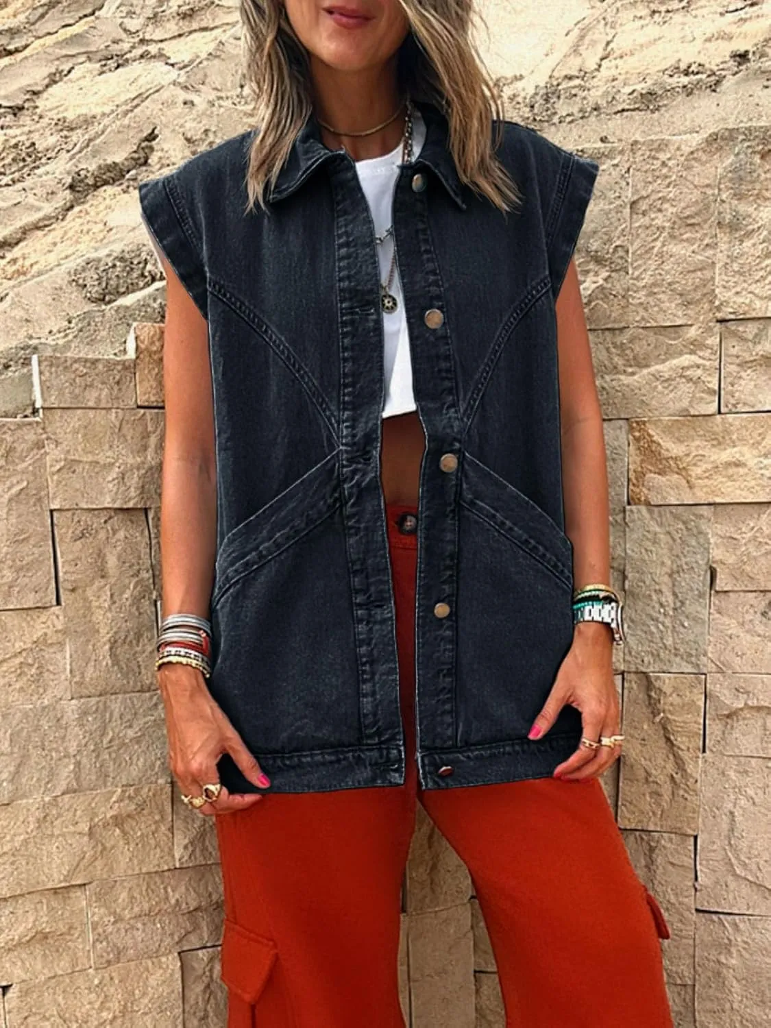 PLNOTME Womens Oversized Sleeveless Denim Vest Classic Button Down Jean Vest Casual Utility Lapel Jean Jacket