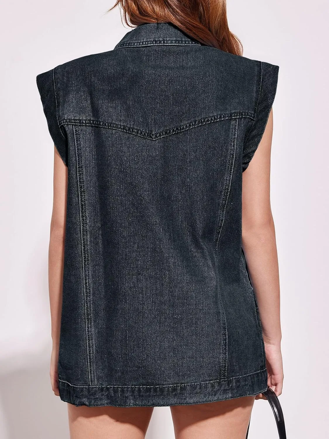 PLNOTME Womens Oversized Sleeveless Denim Vest Classic Button Down Jean Vest Casual Utility Lapel Jean Jacket