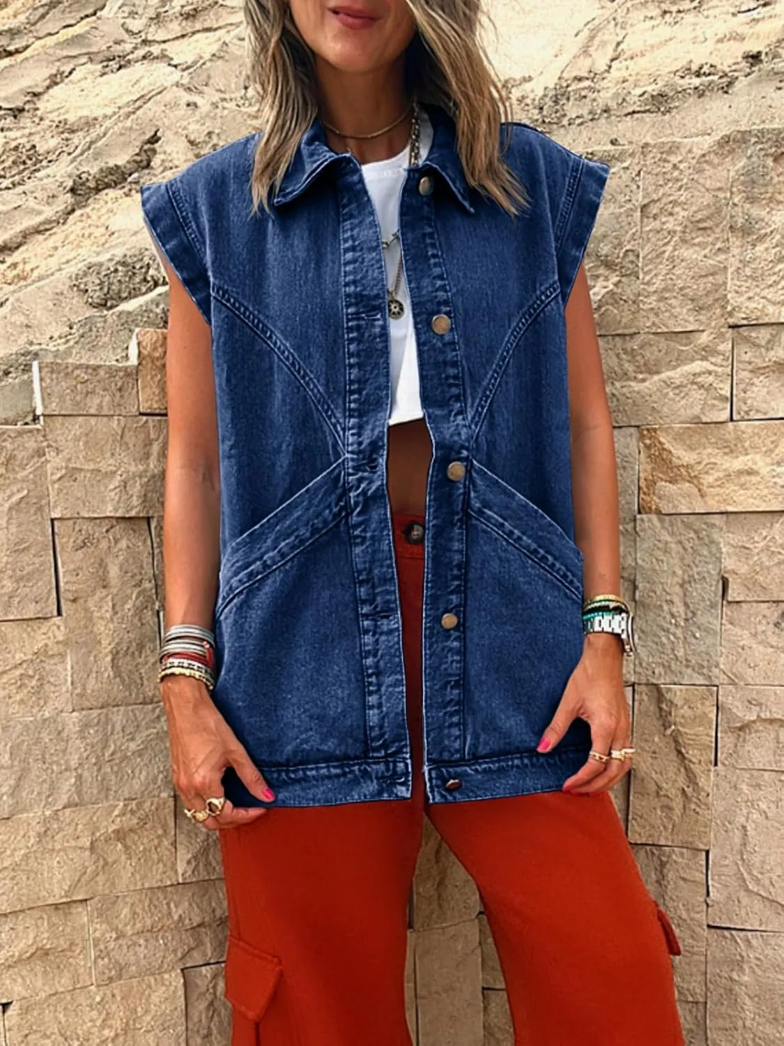 PLNOTME Womens Oversized Sleeveless Denim Vest Classic Button Down Jean Vest Casual Utility Lapel Jean Jacket