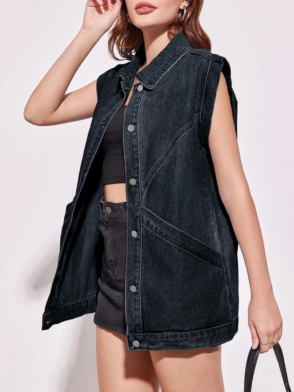 PLNOTME Womens Oversized Sleeveless Denim Vest Classic Button Down Jean Vest Casual Utility Lapel Jean Jacket