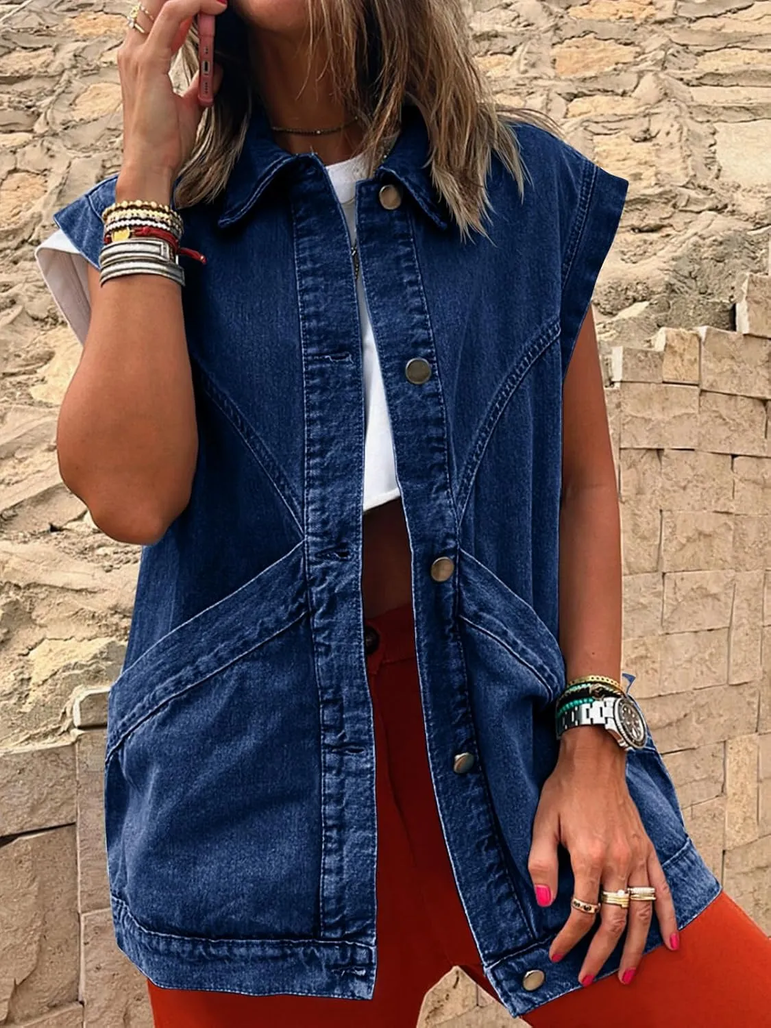 PLNOTME Womens Oversized Sleeveless Denim Vest Classic Button Down Jean Vest Casual Utility Lapel Jean Jacket