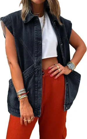 PLNOTME Womens Oversized Sleeveless Denim Vest Classic Button Down Jean Vest Casual Utility Lapel Jean Jacket