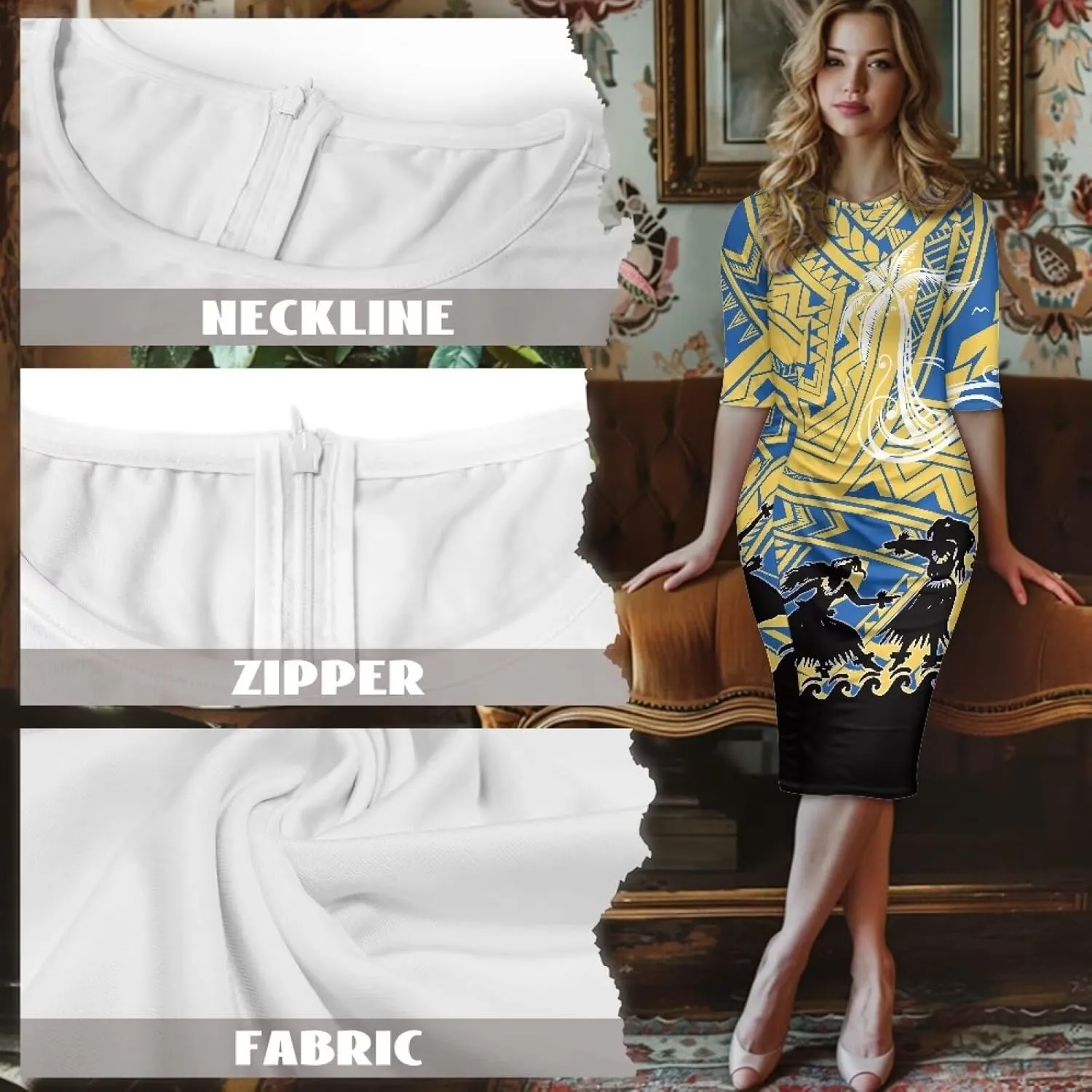 Polynesian Traditional Tribal Print Women Polynesia Dress Wrap Waist Formal Puletasi Dress Wear to Work Dresses