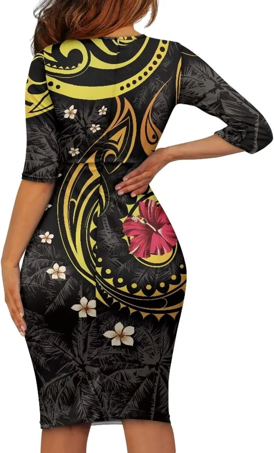 Polynesian Traditional Tribal Print Women Polynesia Dress Wrap Waist Formal Puletasi Dress Wear to Work Dresses