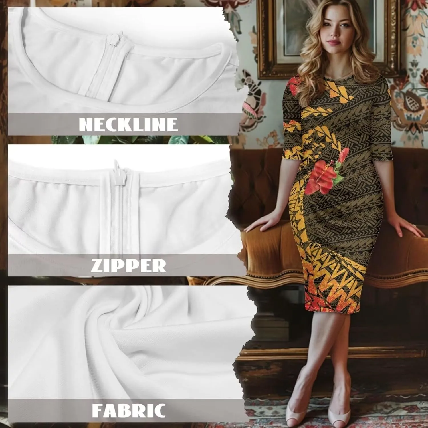 Polynesian Traditional Tribal Print Women Polynesia Dress Wrap Waist Formal Puletasi Dress Wear to Work Dresses
