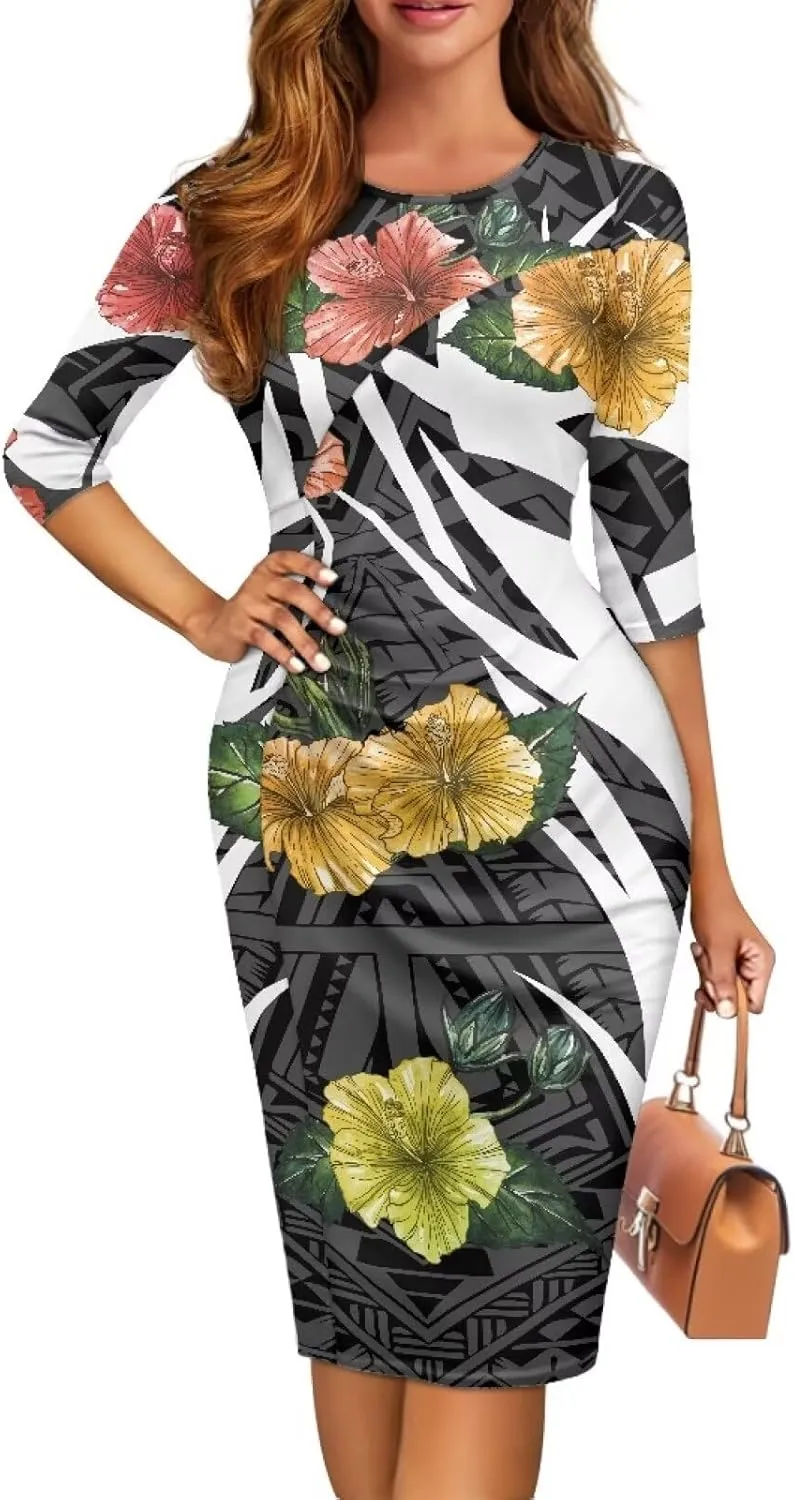 Polynesian Traditional Tribal Print Women Polynesia Dress Wrap Waist Formal Puletasi Dress Wear to Work Dresses