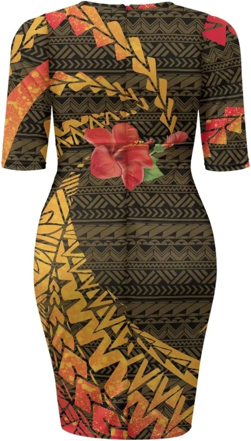 Polynesian Traditional Tribal Print Women Polynesia Dress Wrap Waist Formal Puletasi Dress Wear to Work Dresses