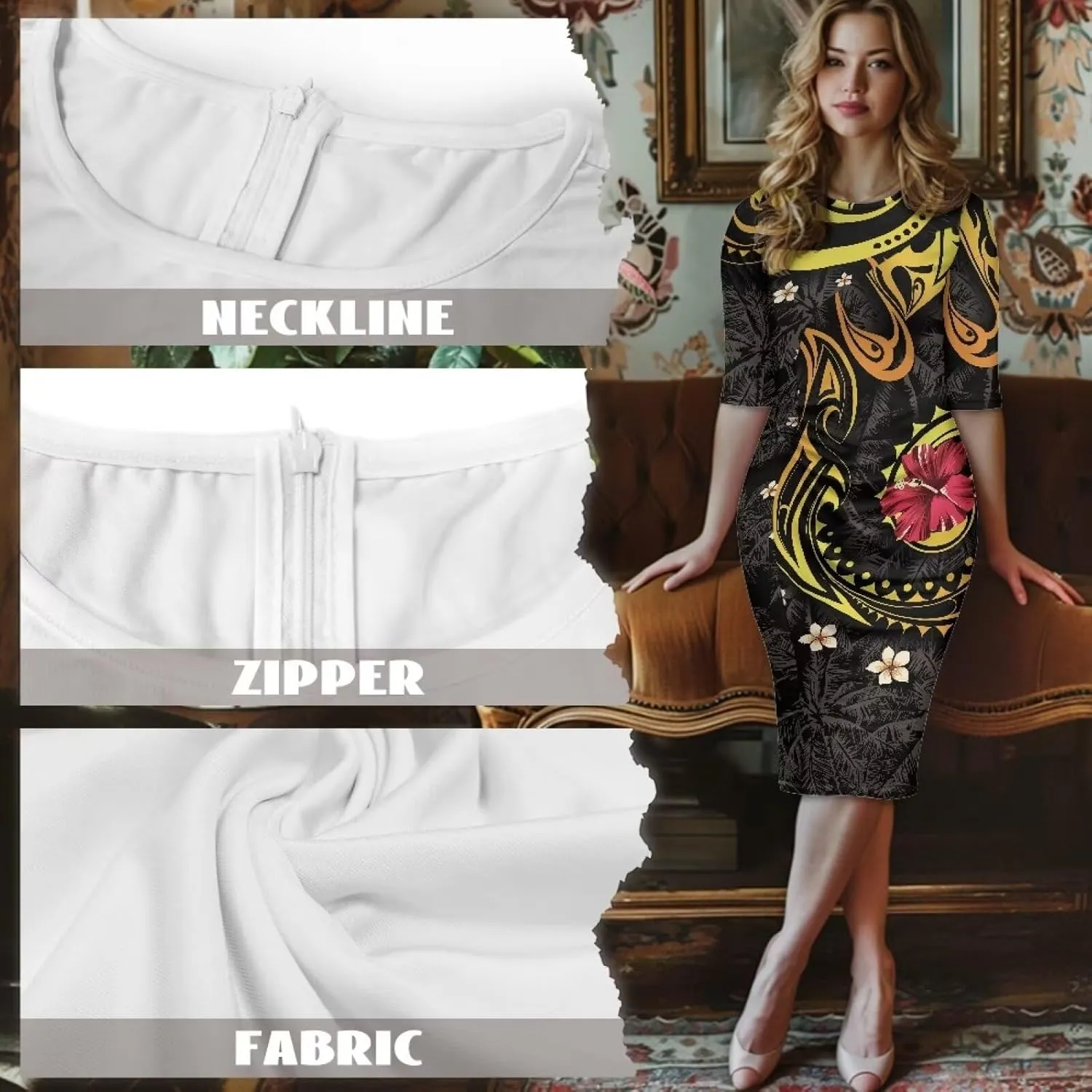 Polynesian Traditional Tribal Print Women Polynesia Dress Wrap Waist Formal Puletasi Dress Wear to Work Dresses