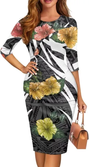 Polynesian Traditional Tribal Print Women Polynesia Dress Wrap Waist Formal Puletasi Dress Wear to Work Dresses