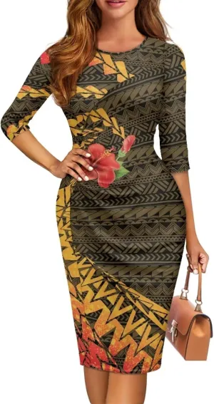 Polynesian Traditional Tribal Print Women Polynesia Dress Wrap Waist Formal Puletasi Dress Wear to Work Dresses