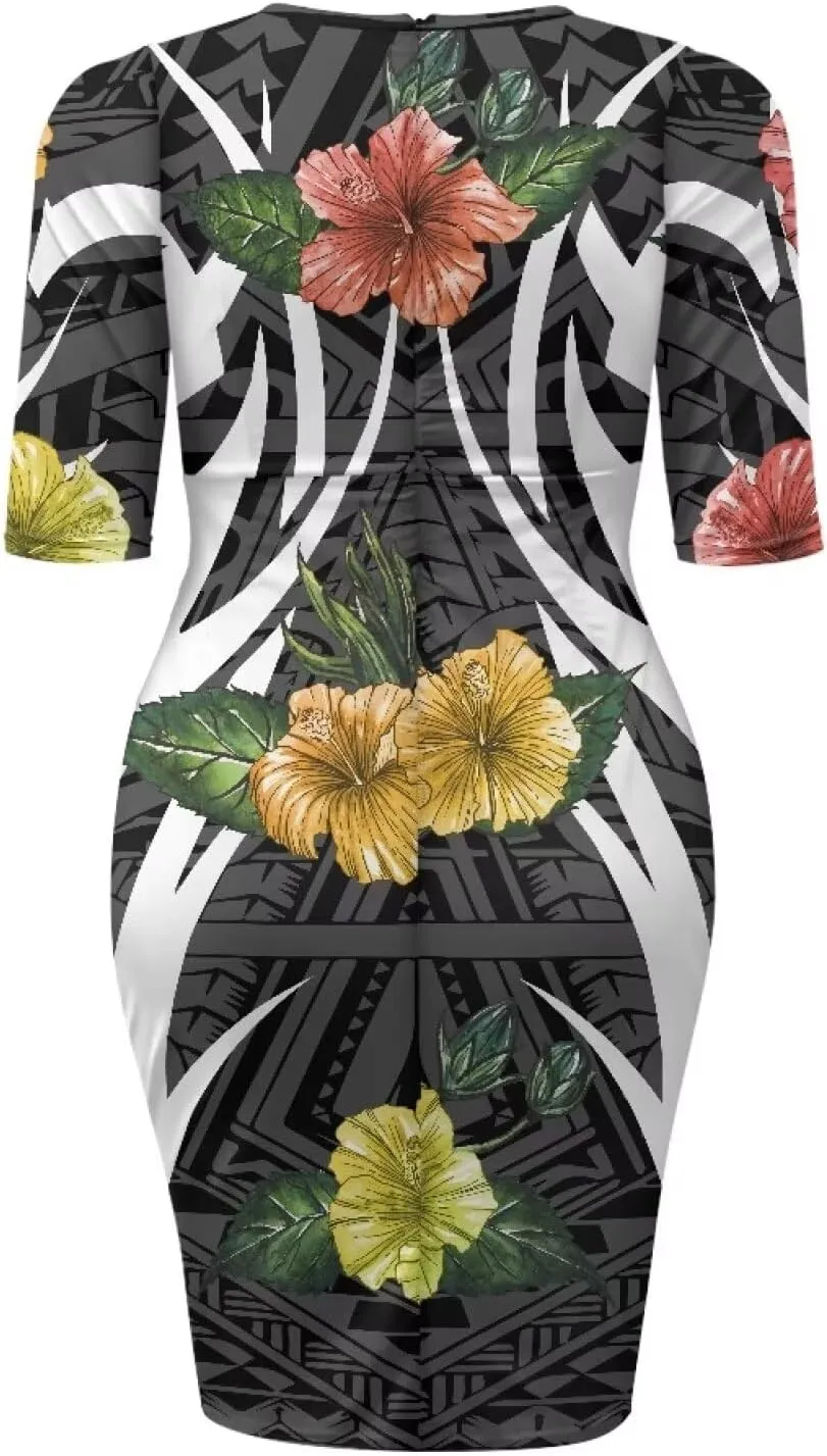 Polynesian Traditional Tribal Print Women Polynesia Dress Wrap Waist Formal Puletasi Dress Wear to Work Dresses