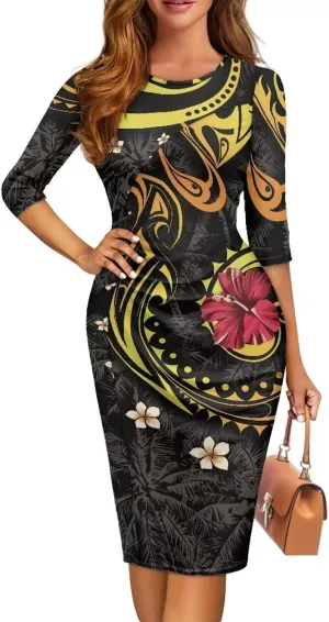 Polynesian Traditional Tribal Print Women Polynesia Dress Wrap Waist Formal Puletasi Dress Wear to Work Dresses