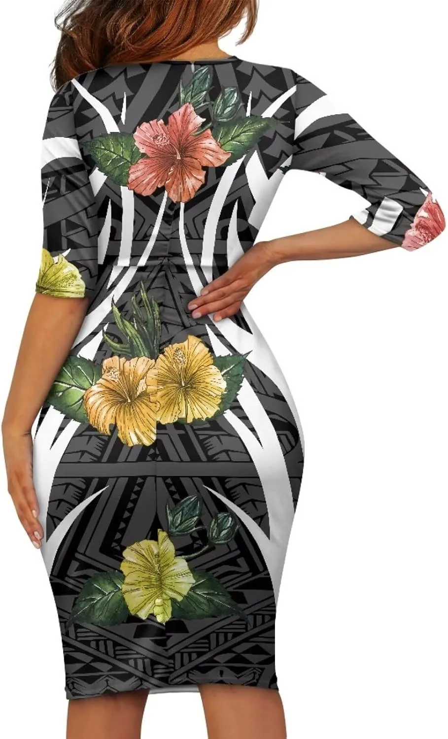 Polynesian Traditional Tribal Print Women Polynesia Dress Wrap Waist Formal Puletasi Dress Wear to Work Dresses