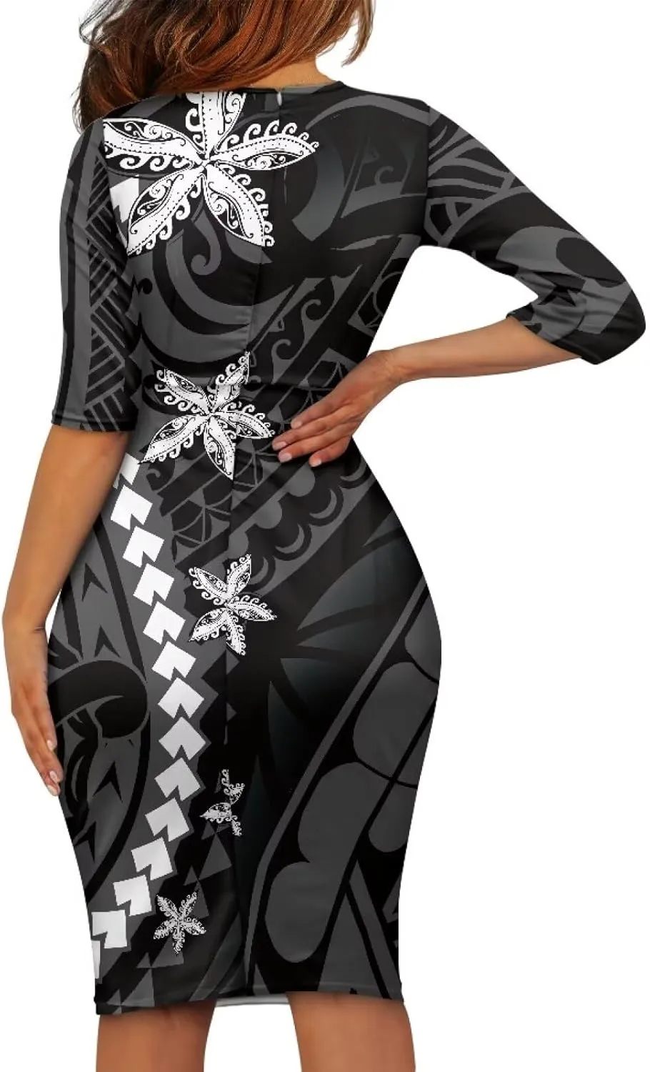 Polynesian Traditional Tribal Print Women Polynesia Dress Wrap Waist Formal Puletasi Dress Wear to Work Dresses