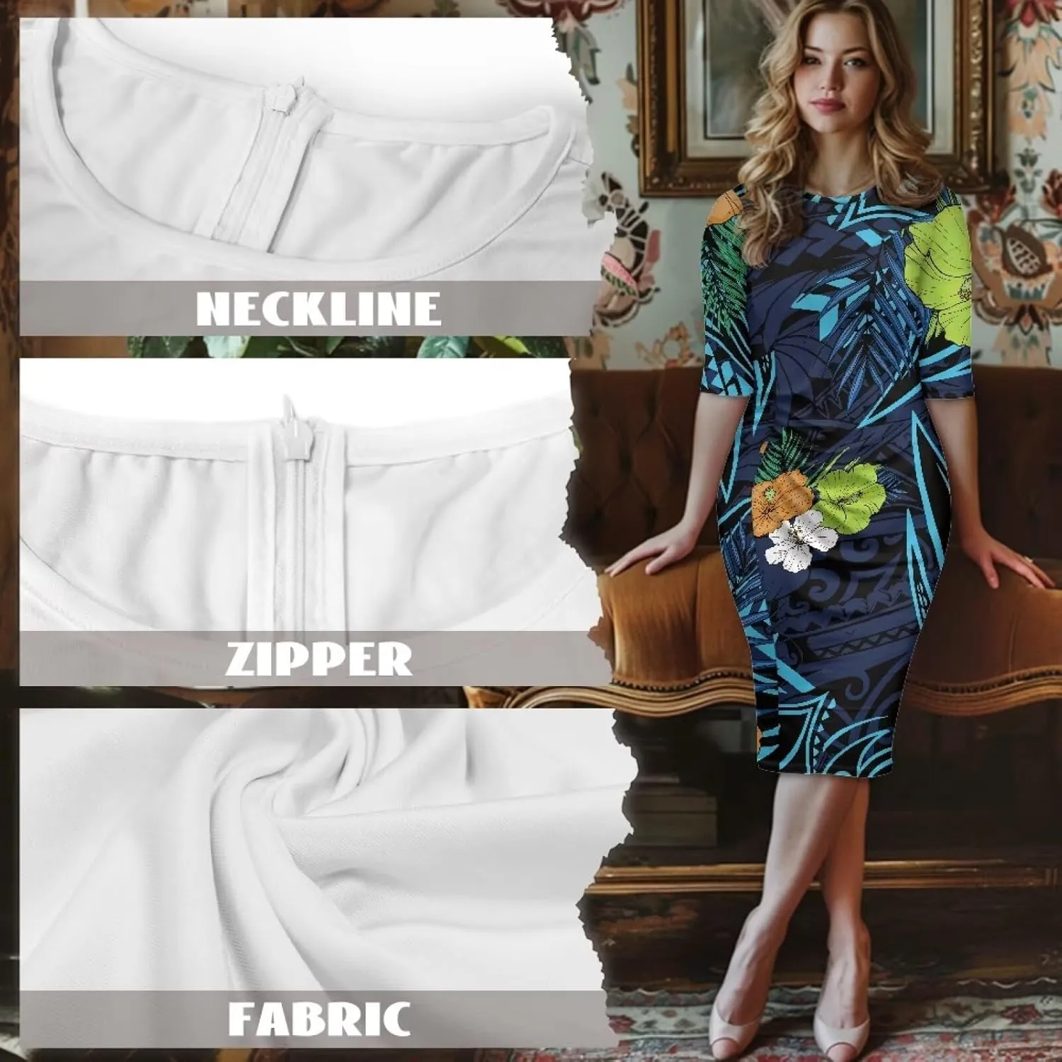 Polynesian Traditional Tribal Print Women Polynesia Dress Wrap Waist Formal Puletasi Dress Wear to Work Dresses