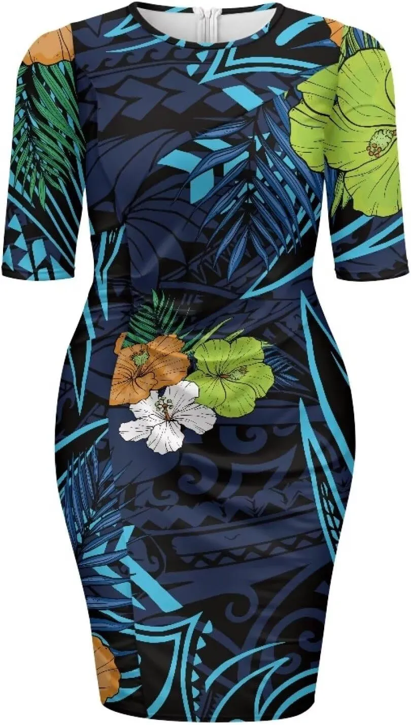 Polynesian Traditional Tribal Print Women Polynesia Dress Wrap Waist Formal Puletasi Dress Wear to Work Dresses