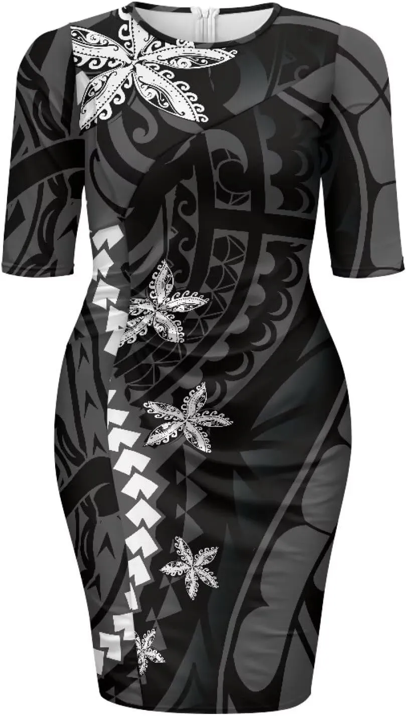 Polynesian Traditional Tribal Print Women Polynesia Dress Wrap Waist Formal Puletasi Dress Wear to Work Dresses